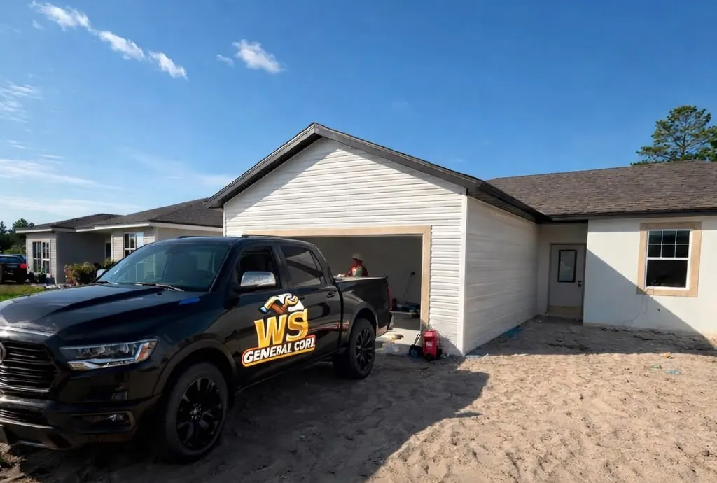 WS General Services truck parked at a newly built home